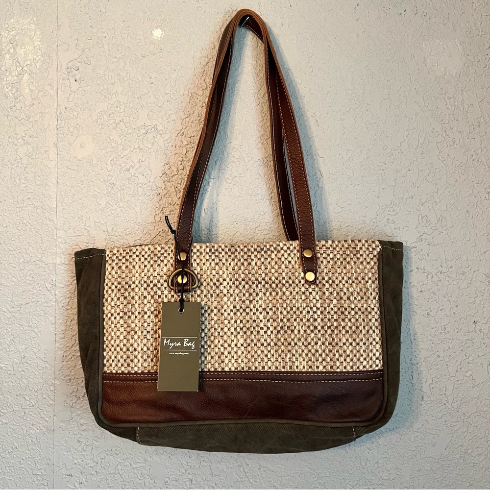 Myra Envy Small Shoulder Bag Leather and Corduroy Block Color Pattern NWT